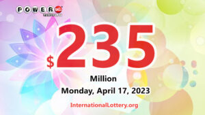 2023年4月15日：两位幸运玩家赢得百万美元奖金 – Powerball 头奖为2.35亿美元。